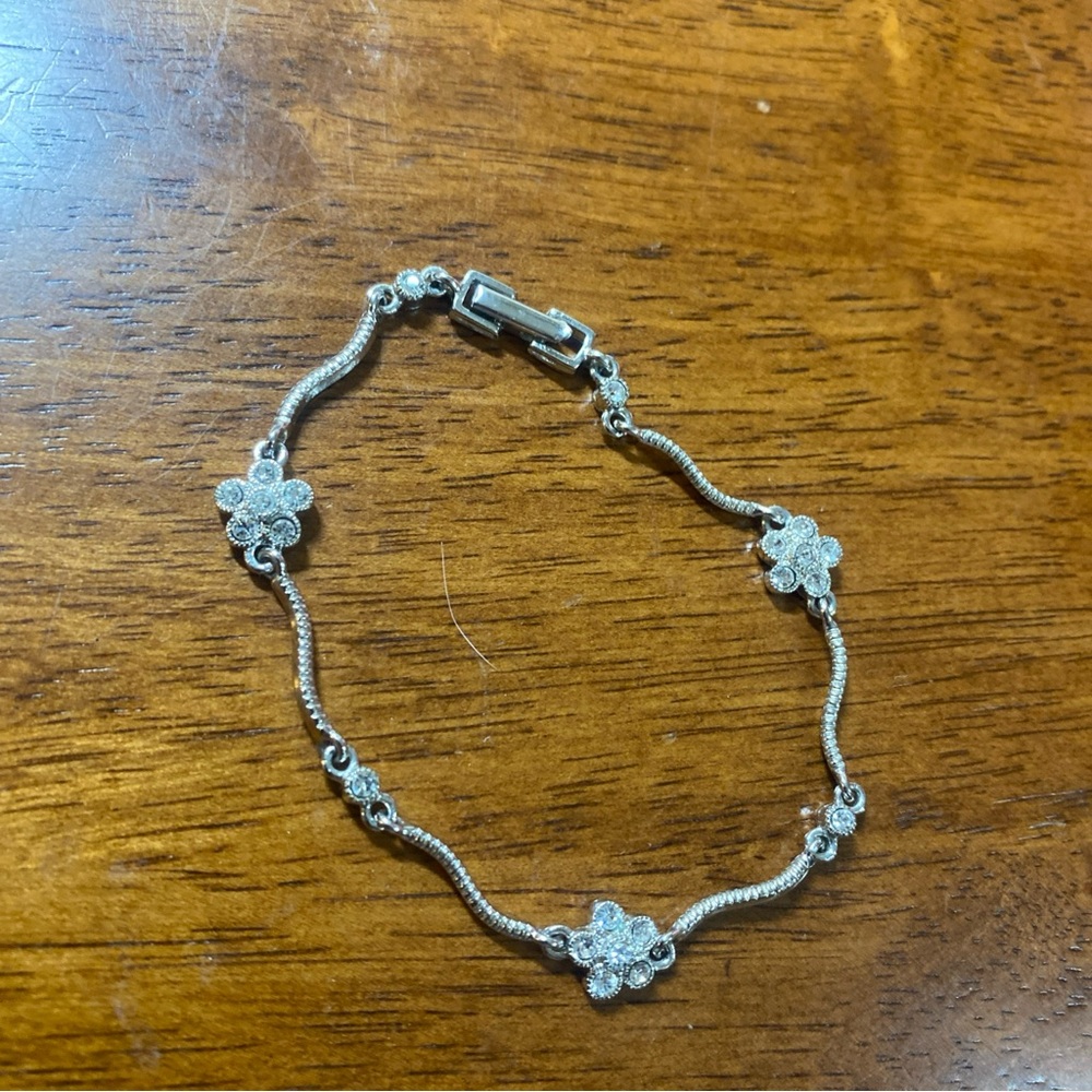 CRISLU Cubic Zirconia & Sterling Silver Flower & Solitaire 7" Bracelet NO BOX